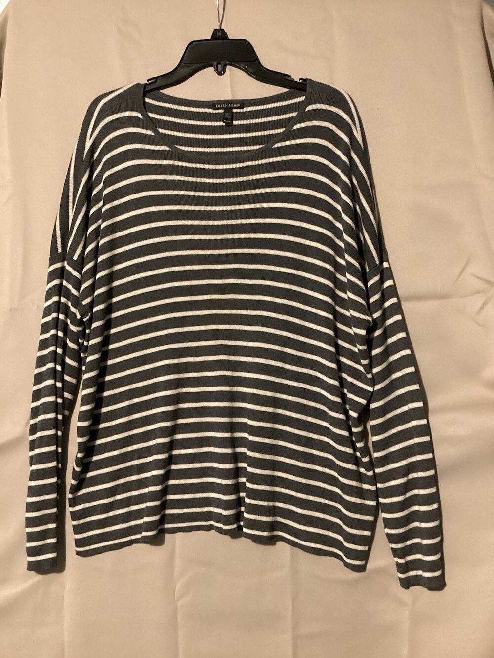 Eileen Fisher Women’s Ash Box Top Shirt SZ XL Striped Drop Sleeve Wool Blend